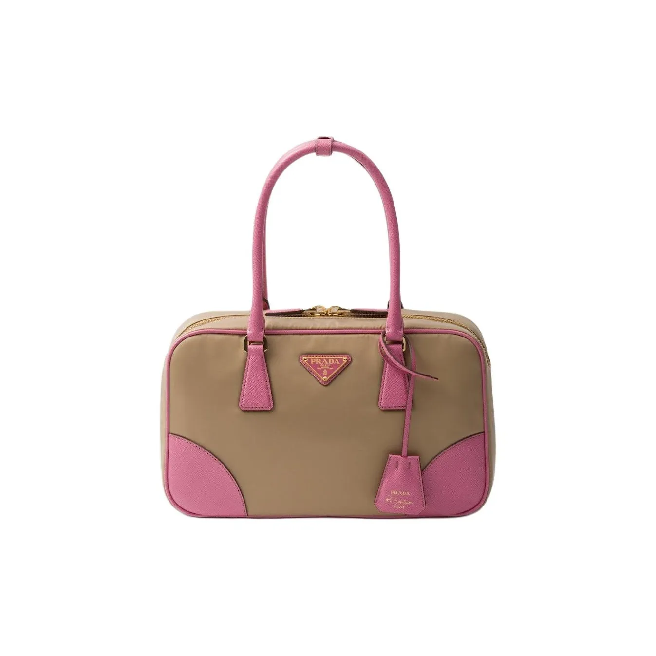 PRADA Re-Edition Nylon And Leather Shoulder Bag Crossbody Bag Handbag Medium Size Women's Camel & Pink