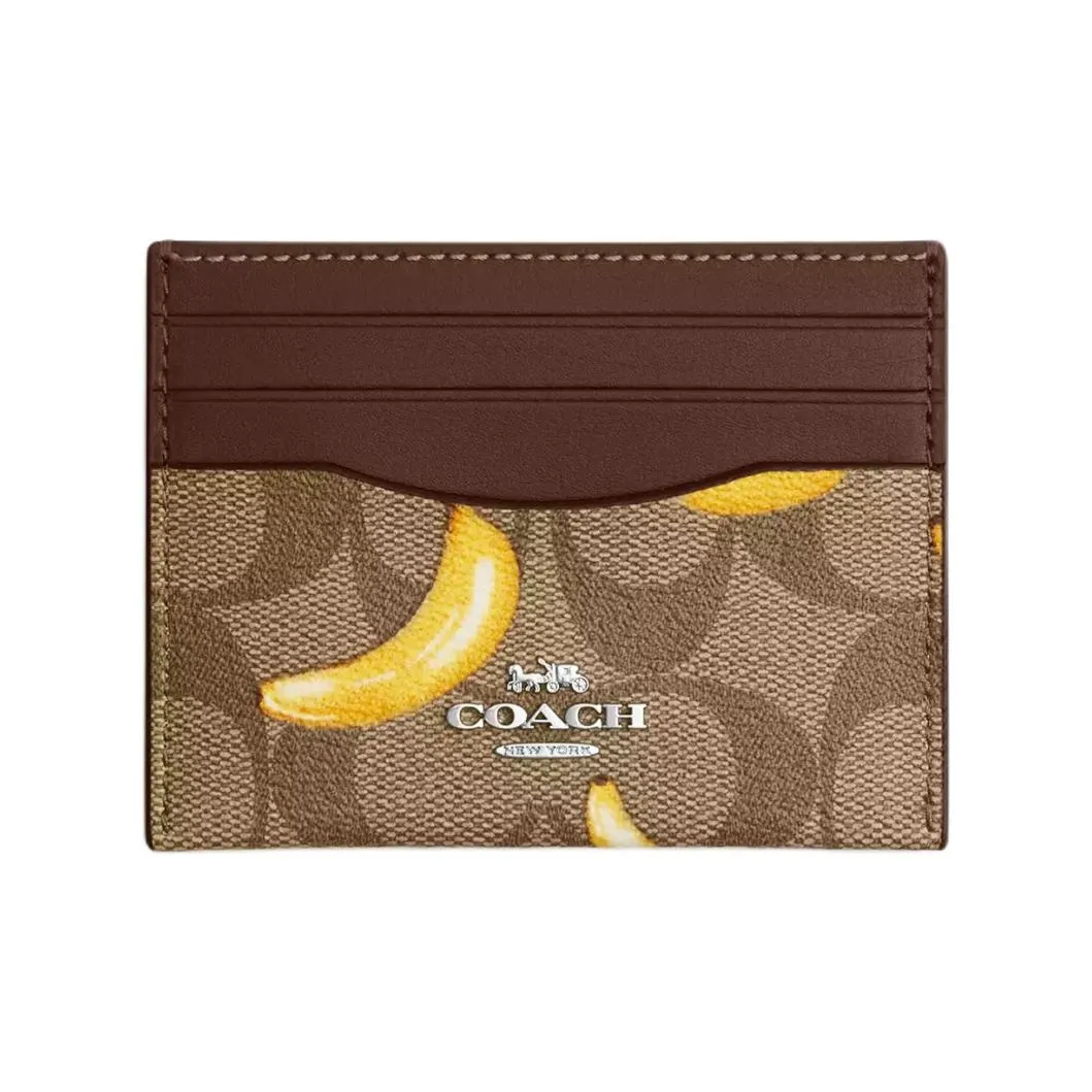 COACH Card Case Coated Canvas With Leather Card Holder Mini Women's Silver & Khaki & Dark Color Saddle