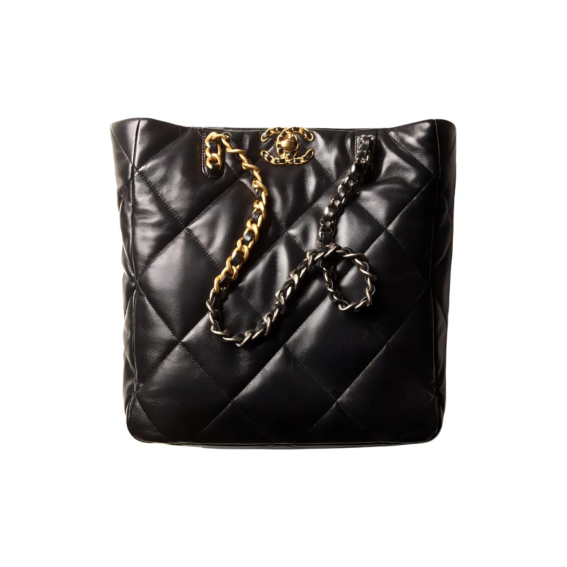 CHANEL Lambskin Gold Silver With Rhodium Metal Tote Bag Shopping Bag Shoulder Bags Women's Black