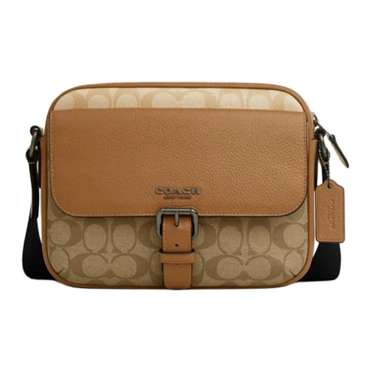 COACH Hudson Artificial Leather With Cow Leather Shoulder Bag, Crossbody Bag Medium Size Men's Light Saddle Brown