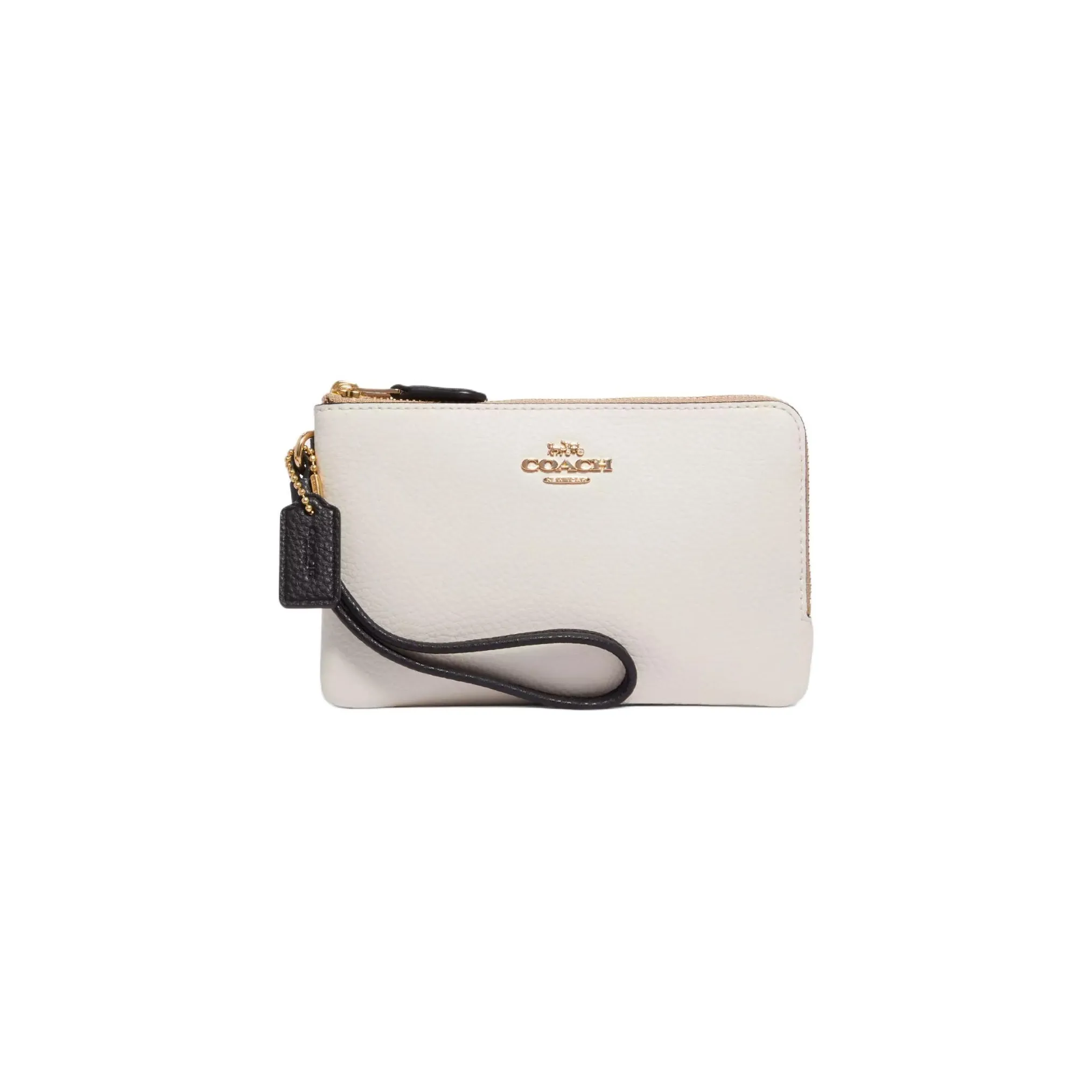 COACH Double Zip Wallet Glossy Pebbled Leather Clutch Wrist Bag Small Size Women's White
