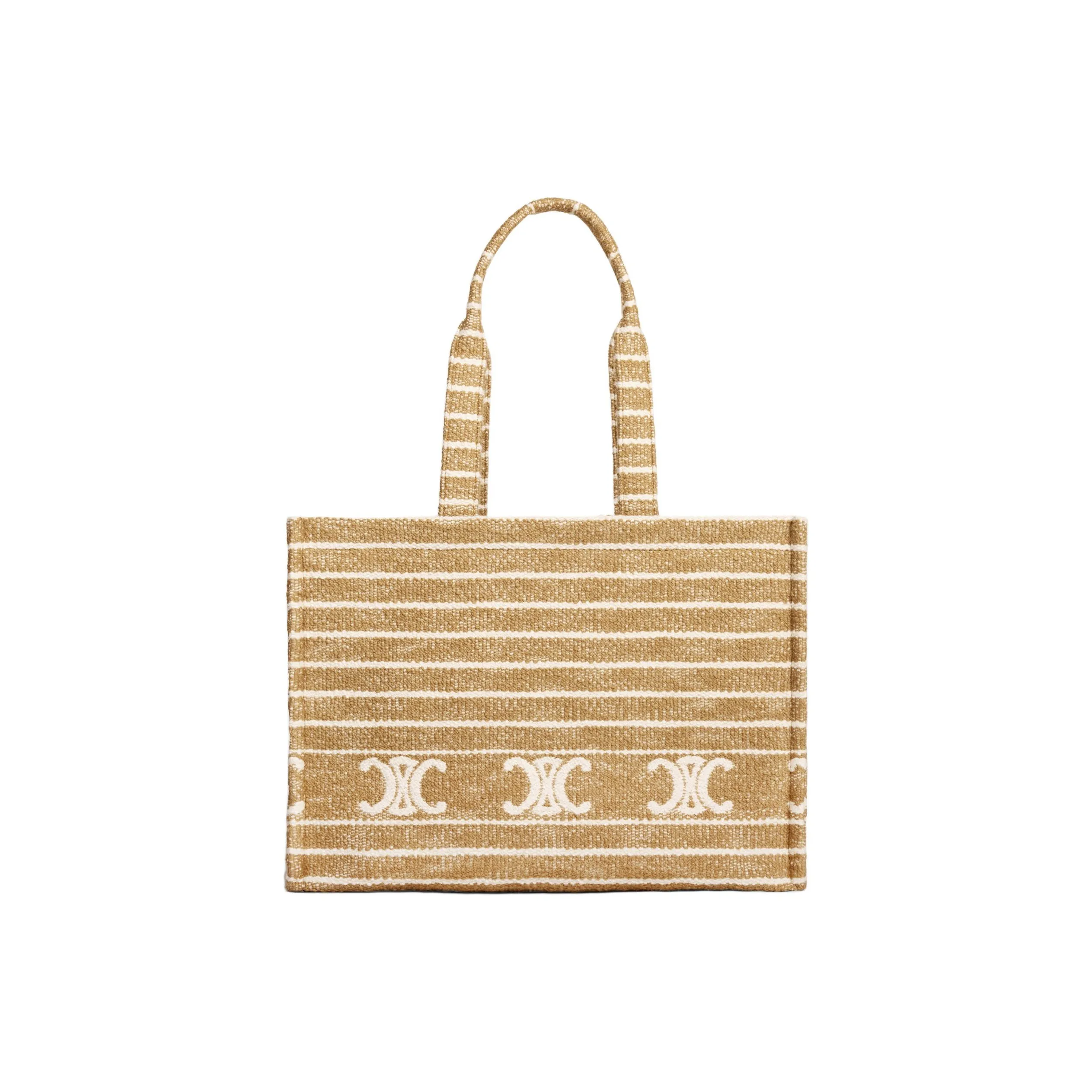 CELINE Striped Fabric With Calfskin Tote Bag, Shopping Bag, Handbag Large Size Women's Smoky