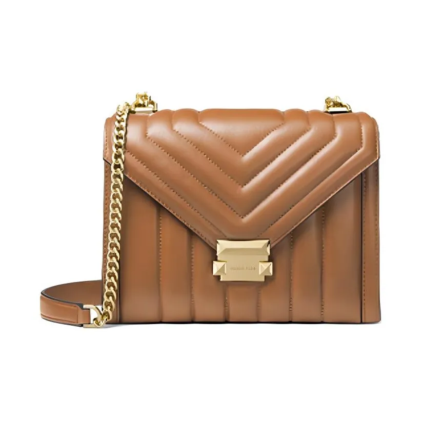 MICHAEL KORS Whitney Stitched Leather Envelope Bag, Shoulder Bag, Crossbody Bag Large Women's Caramel Brown