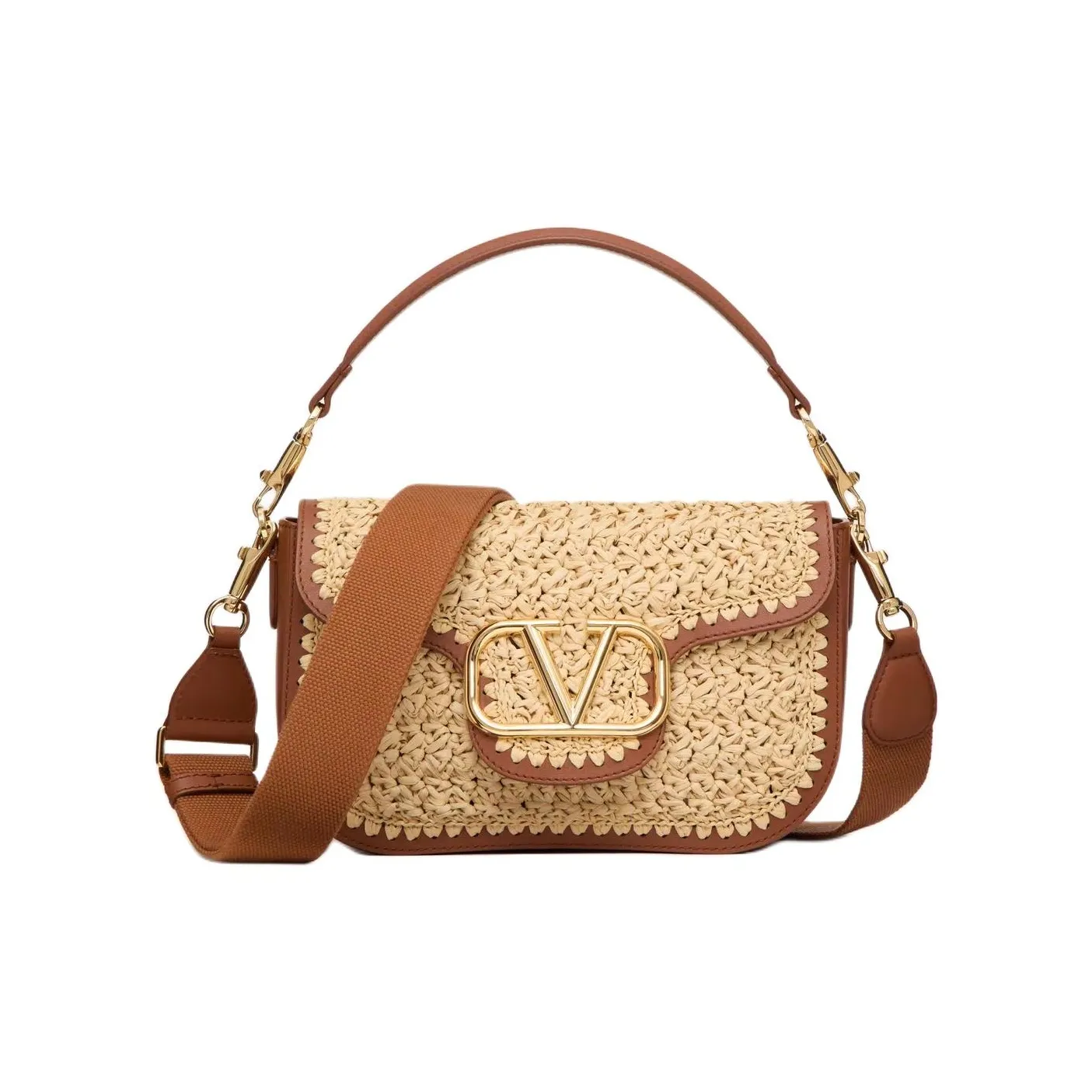 Valentino GARAVANIALLTIME Raffia With Leather Crossbody Bag Shoulder Bag Unisex Natural Color-Block Brown