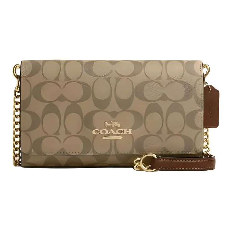 COACH Flap Coated Canvas With Smooth Leather Shoulder Bag, Crossbody Bag Trumpets Women's Gold & Khaki
