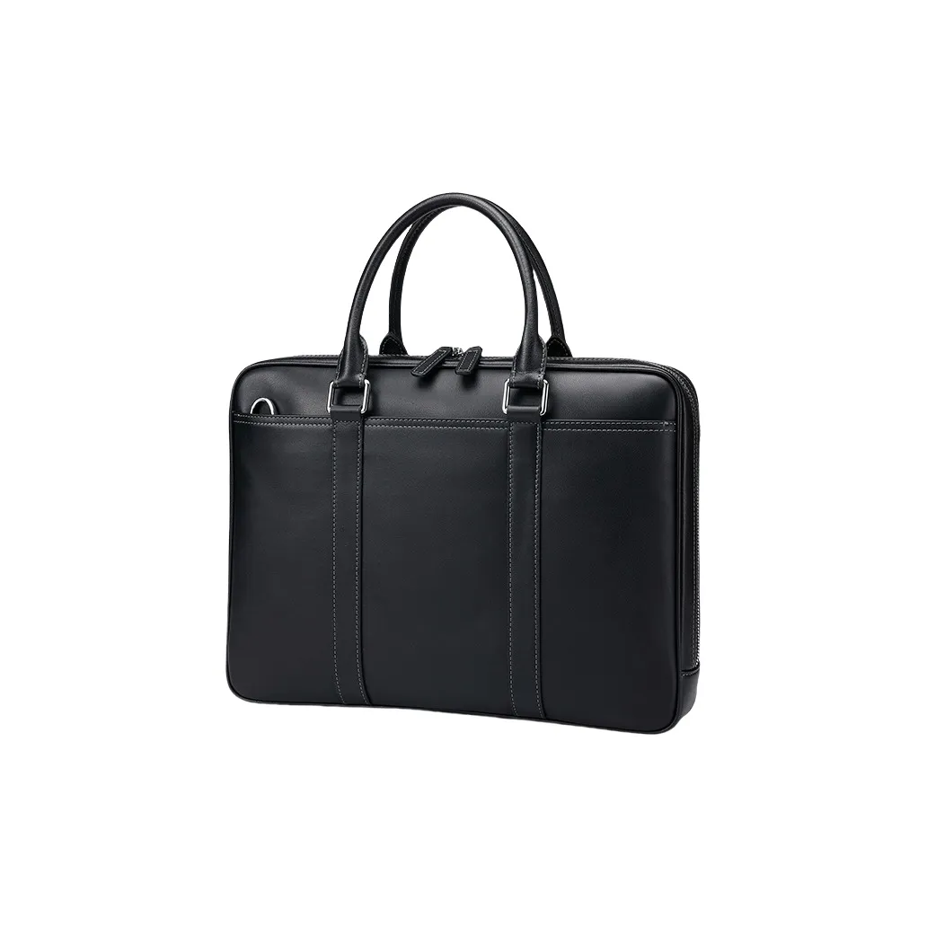 PESASRIE Genuine Leather Top Grain Cow Leather Handbag Shoulder Bag Crossbody Bag Large Size Men's Black
