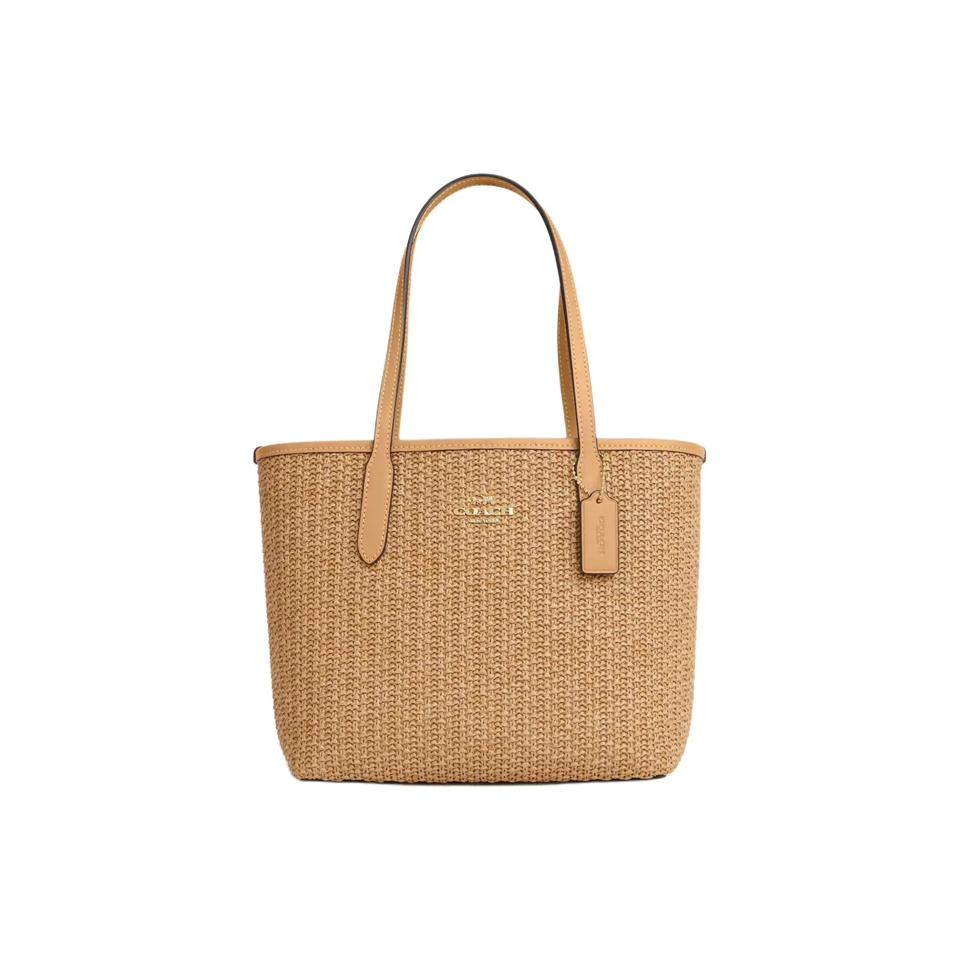 COACH City Straw With Smooth Leather Tote Bag, Shopping Bag, One Shoulder Handbag Medium Size Women's Latte