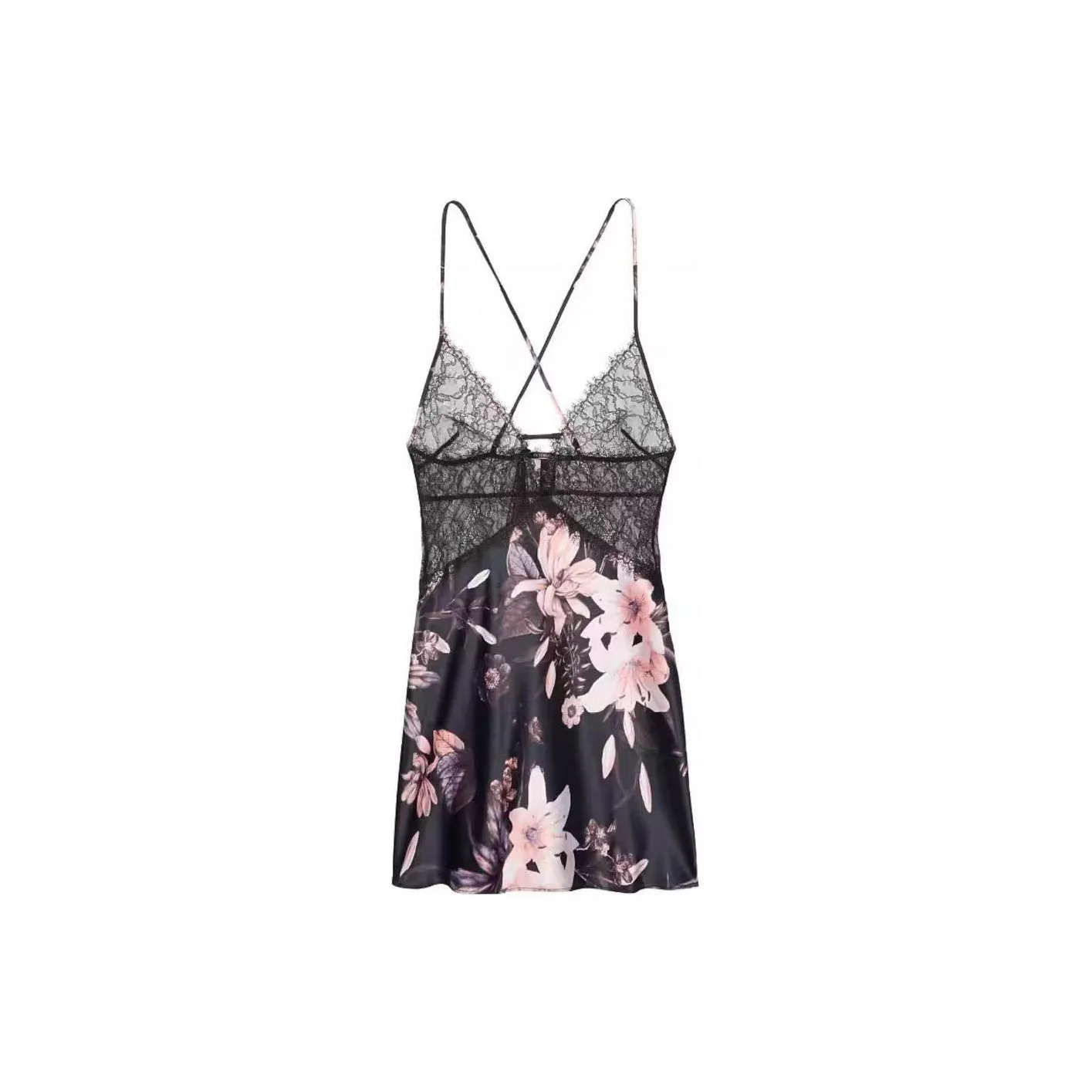 Victoria's Secret Lacepat Chwork Satin Crossbackdeep V shaped Suspender/BF Nightgown Women's Black Floral