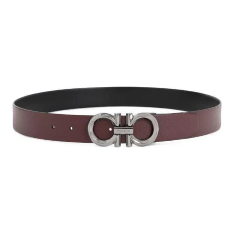 FERRAGAMO Logo Emblem Pin Buckle Calfskin Leather Belts Men's Burgundy/Black