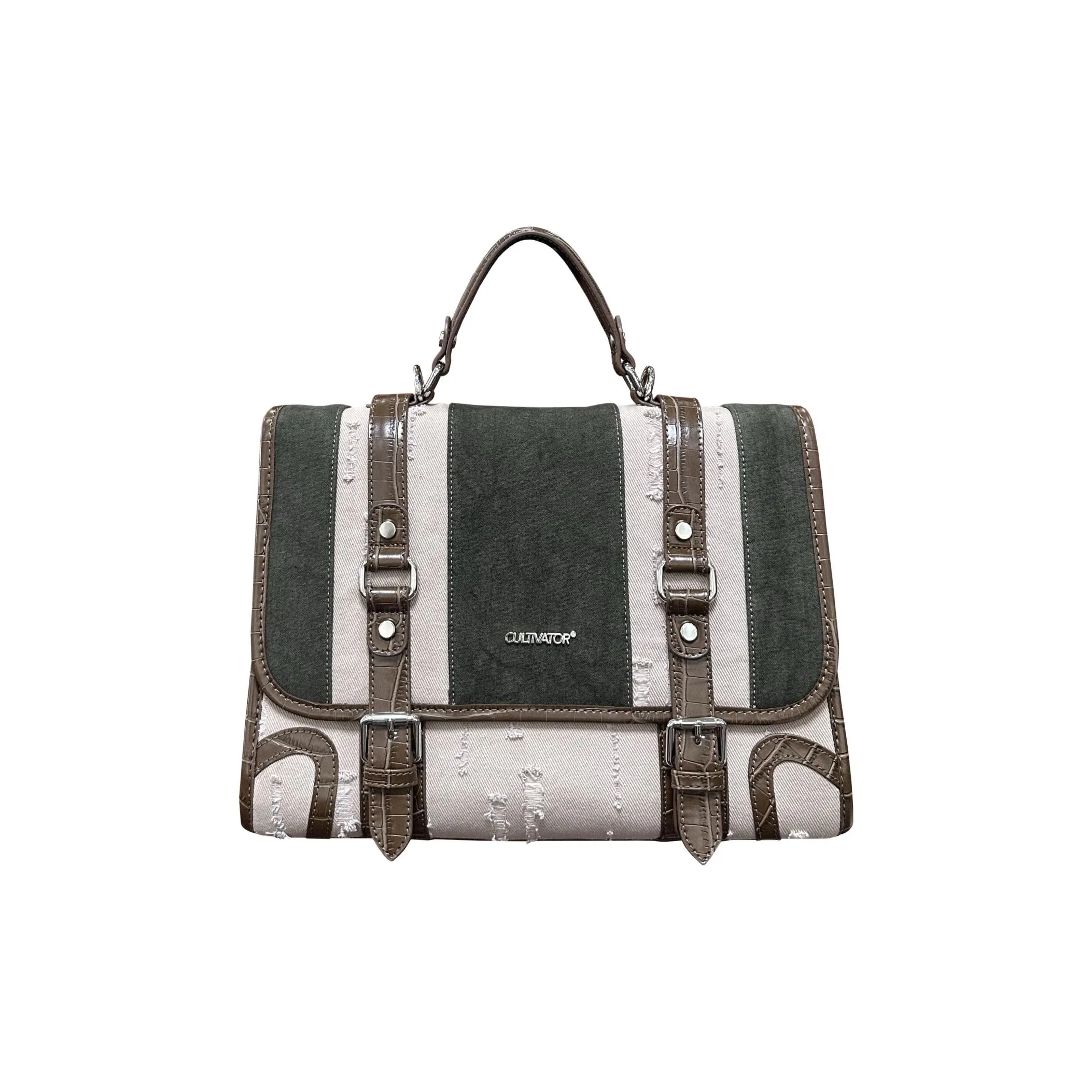 CULTIVATOR Denim Handbag, Laptop Bag, Backpack Medium Size Women's White & Black