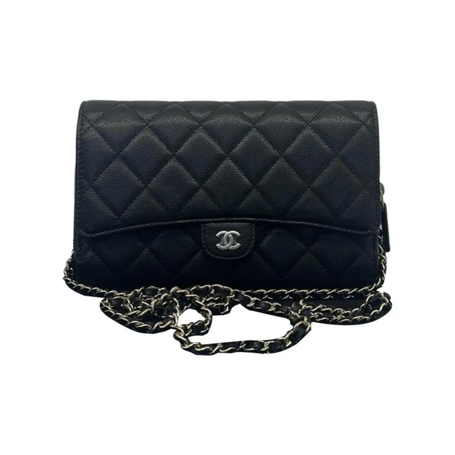CHANEL WOC Leather With Calfskin Shoulder Bag, Crossbody Bag Women's Black