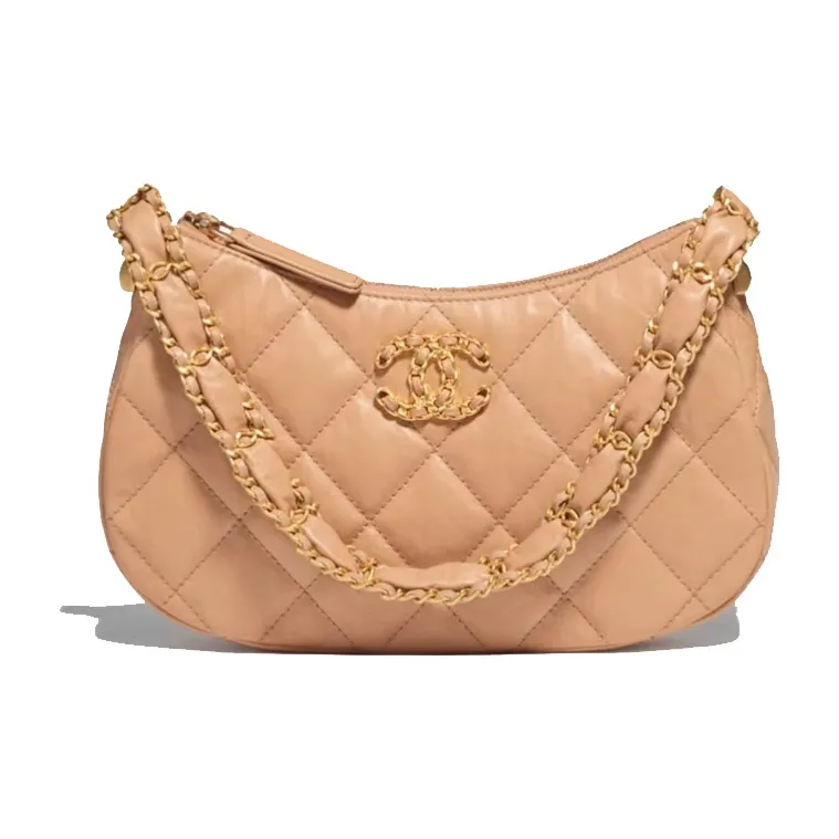 CHANEL Cow Leather Shoulder Bag, Hobo Bag, Handbag Tubas Women's Beige
