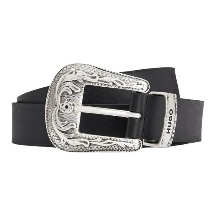 HUGO BOSS Solid Color Design Pin Buckle Cow Leather Leather Belts Men's Black Width  3CM