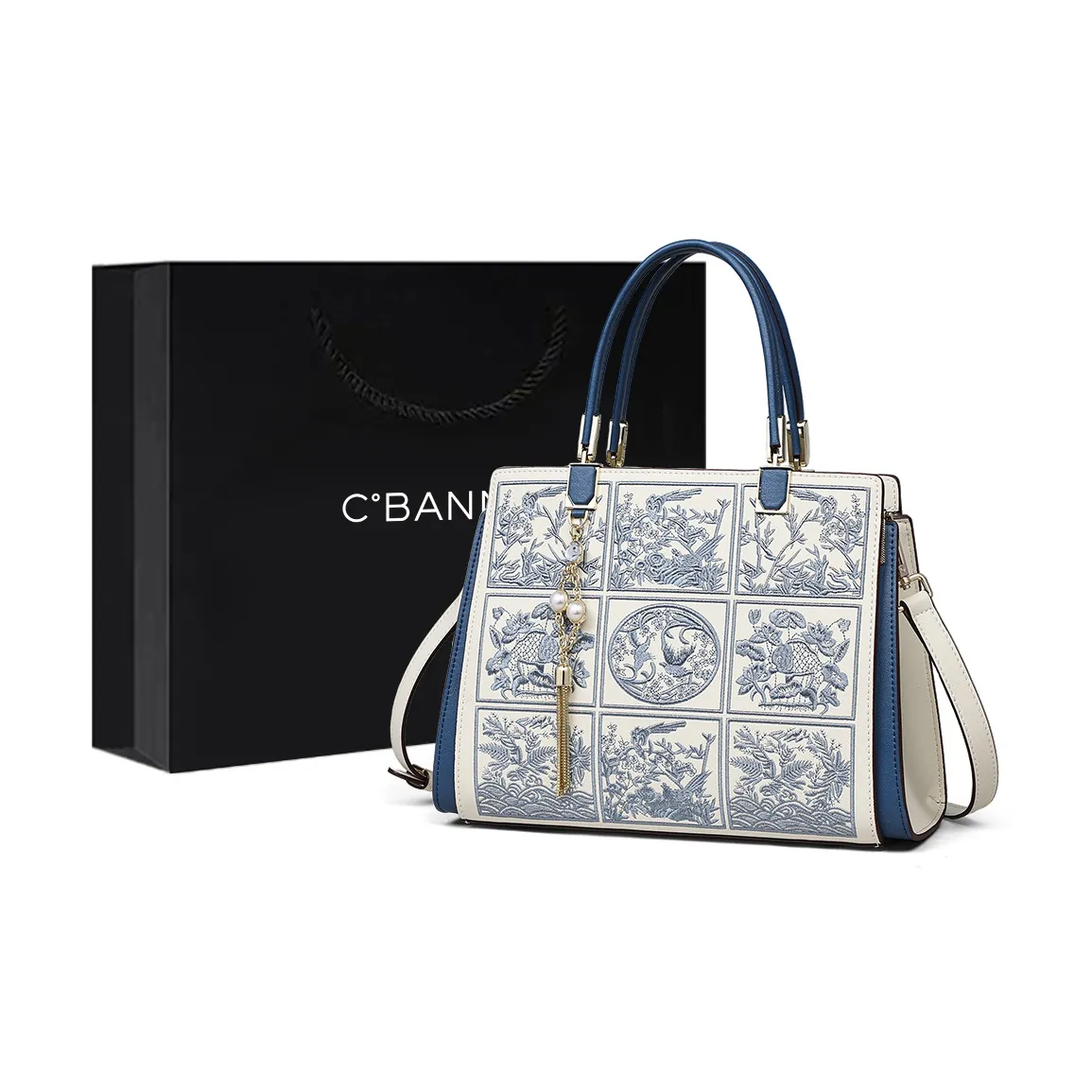 C°BANNER Split Cow Leather With Synthetic Leather Handbag Large Size Women's Blue/Beige Apricot