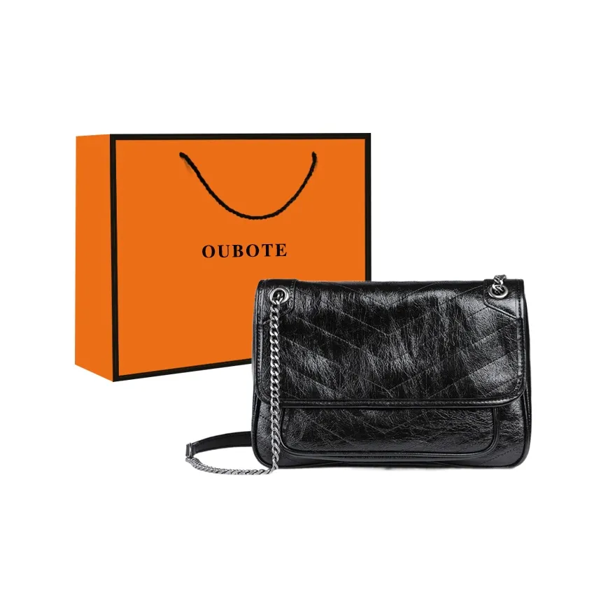 OUBOTE Вощеная кожа Коровья кожа Женская сумка Сумка-хобо Сумка с цепочкой Курьерская сумка Сумка на плечо Стандартная Женская Черная