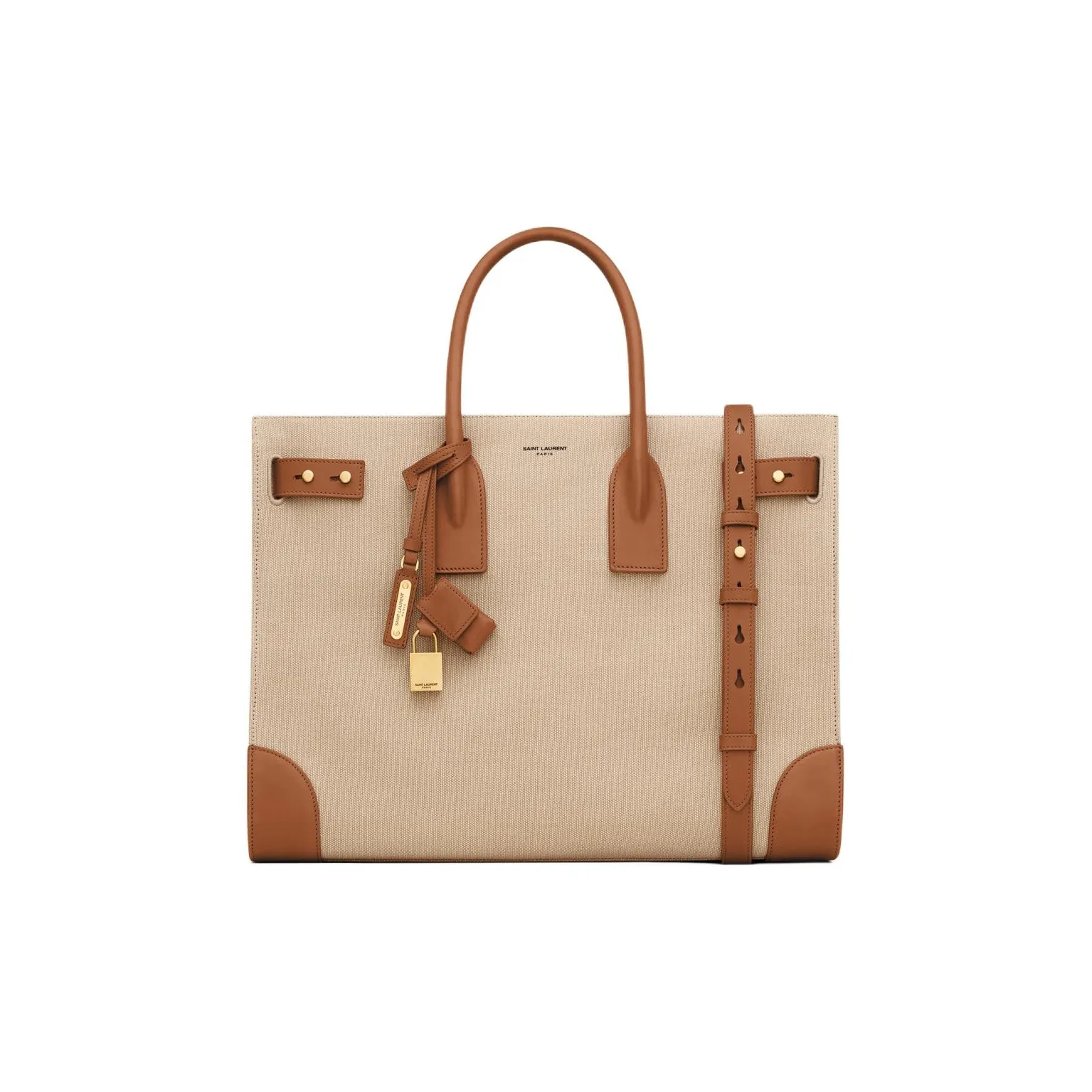 SAINT LAURENT SAC DE JOUR Calfskin With Cotton Tote Bag Shopping Bag Handbag Large Size Men's Beige And Brick Red