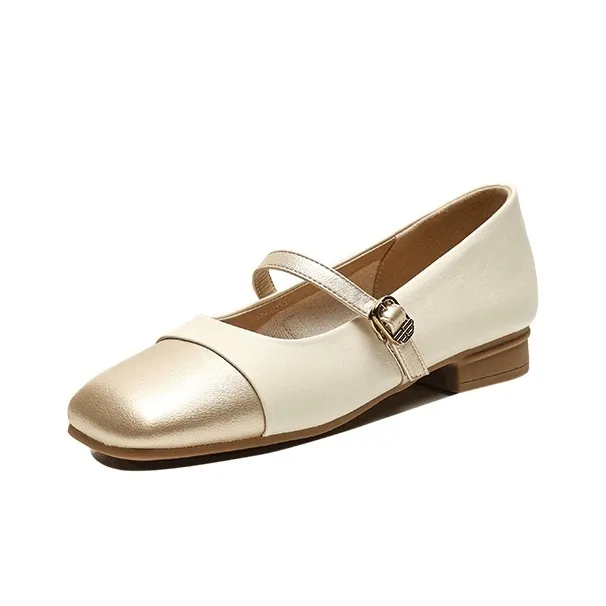 【Dme】 Квадратный каблук Mary Jane обувь 2,2 см Женская Бежевая