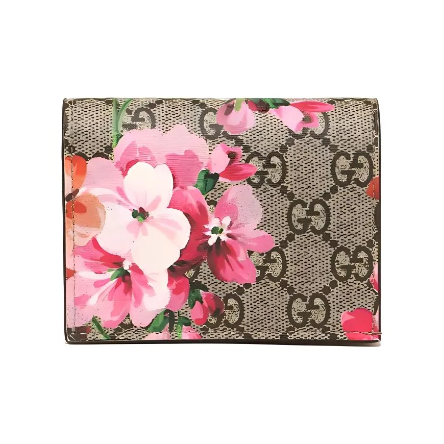 GUCCI GG Blooms Canvas With Leather Card Holder, Wallet Women's Ebony/Pink