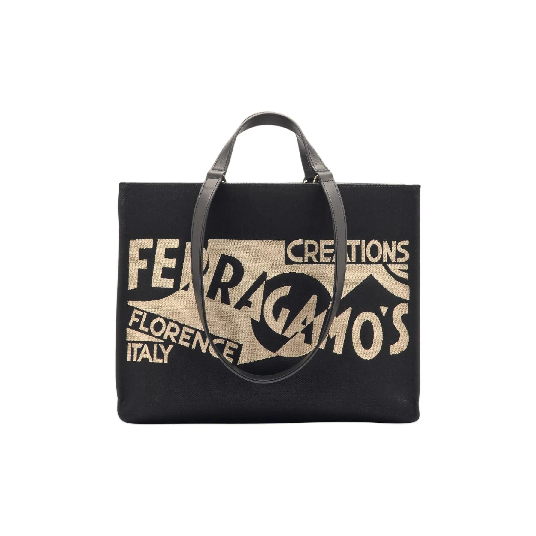 FERRAGAMO Fabric With Calfskin Tote Bag Shopping Bag Shoulder Bag Handbag Medium Size Women's Black