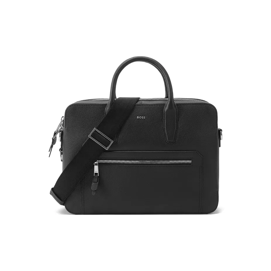 HUGO BOSS Cow Leather Briefcase, Shoulder Bag, Crossbody Bag, Handbag Men's Black