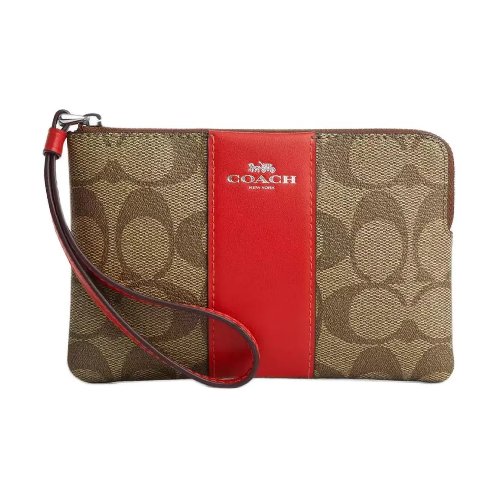 COACH Corner Zip Coated Canvas Recycled Leather Clutch Small Size Women's Silver & Khaki & Miami Red