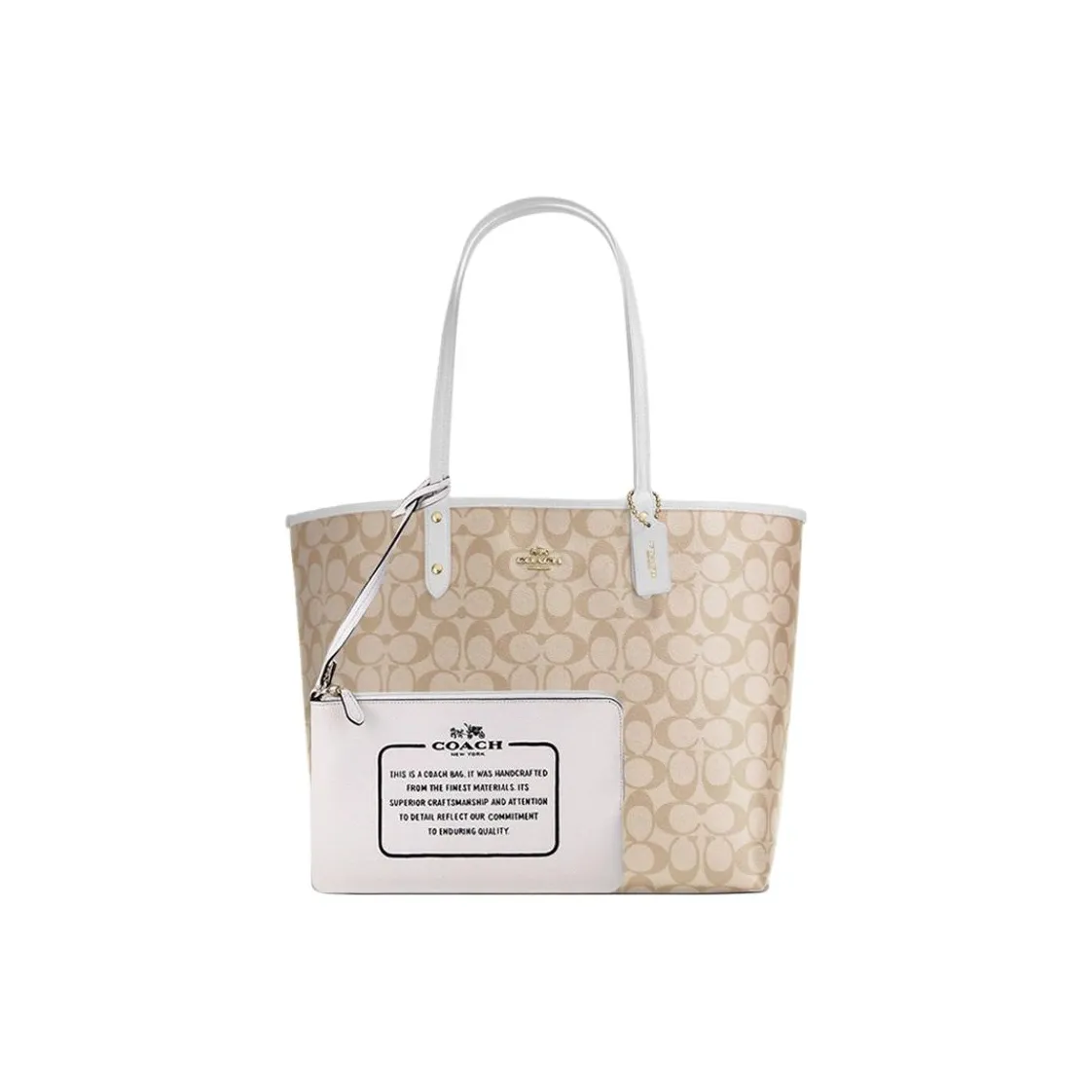 COACH Canvas With Leather Tote Bag, Shopping Bag, Combo Bag, Handbag, Shoulder Bag Tubas Women's White & Khaki Monogram