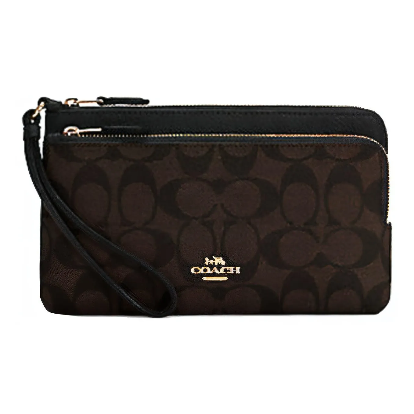 COACH Double Zip Wallet Leather Paneled Canvas Clutch Card Holder Wallet Medium Size Women's Black Monogram