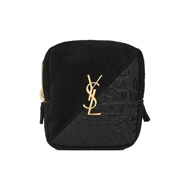 SAINT LAURENT Jamie Suede With Bright Crocodile Embossed Leather Charm Coin Purse Women's Black