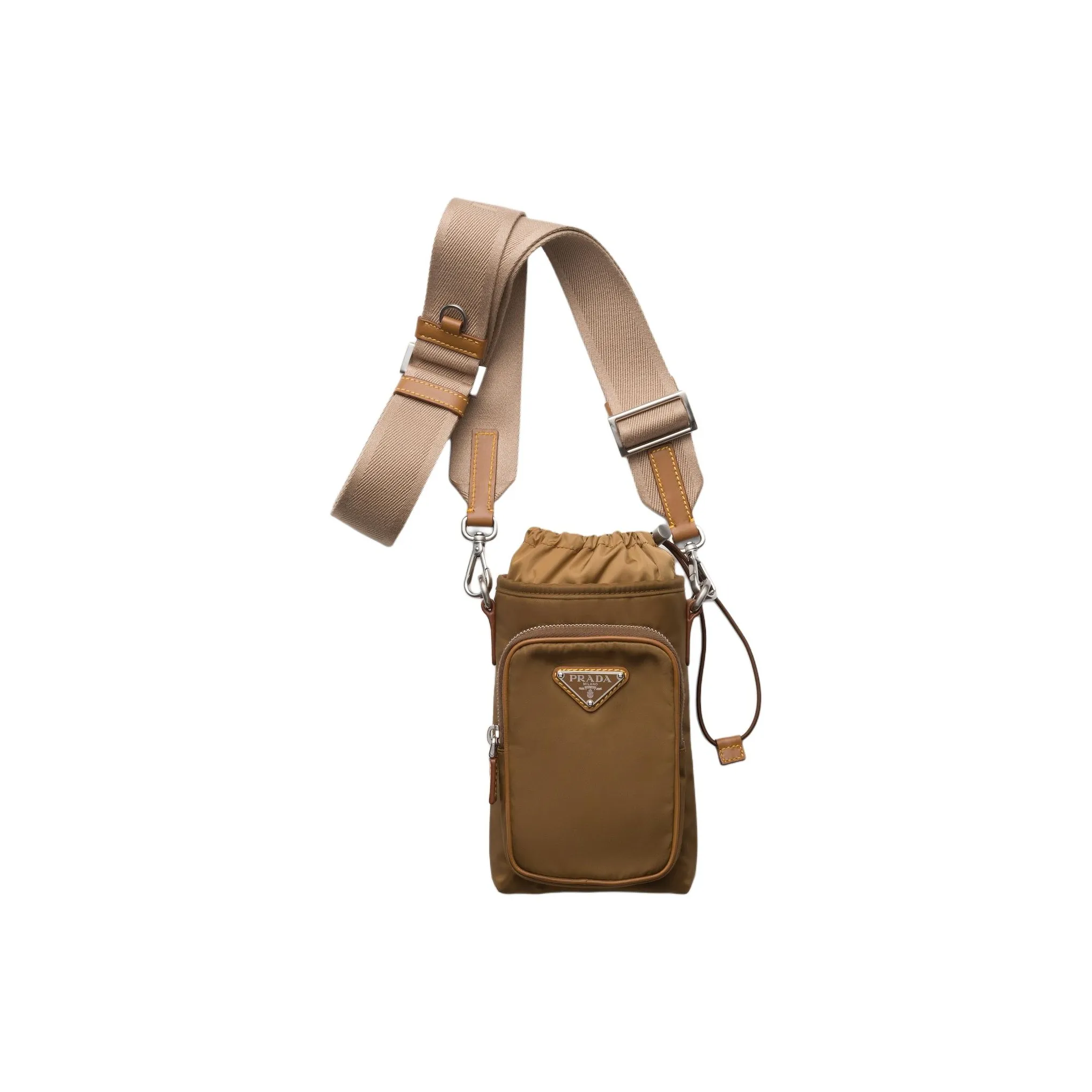 PRADA Recycled Nylon One Shoulder Crossbody Cell Phone Pouch Men's Cork Beige