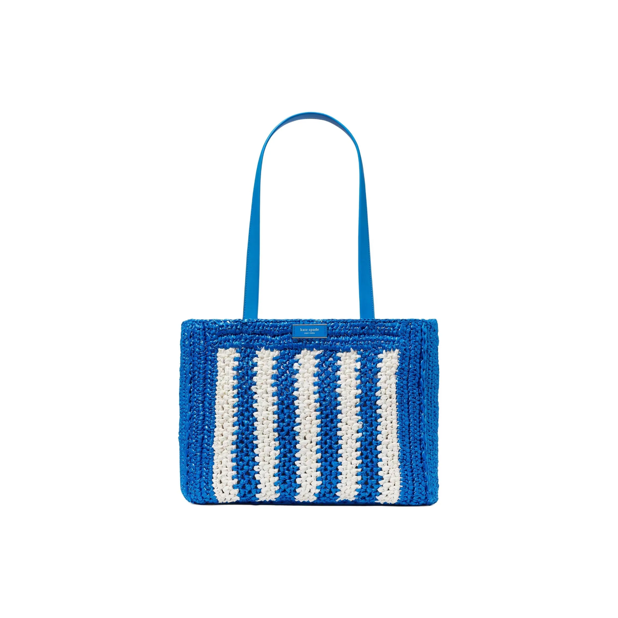 Kate Spade Hook Knit Raffia Tote Bag, Shopping Bag, Shoulder Bag, Handbag Tubas Women's Blue & White