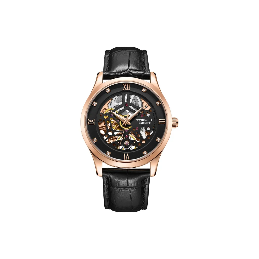 TOPHILL Men's Watch Automatic Mechanical Movement Genuine Leather Strap Watch Men's Watches Black Dial