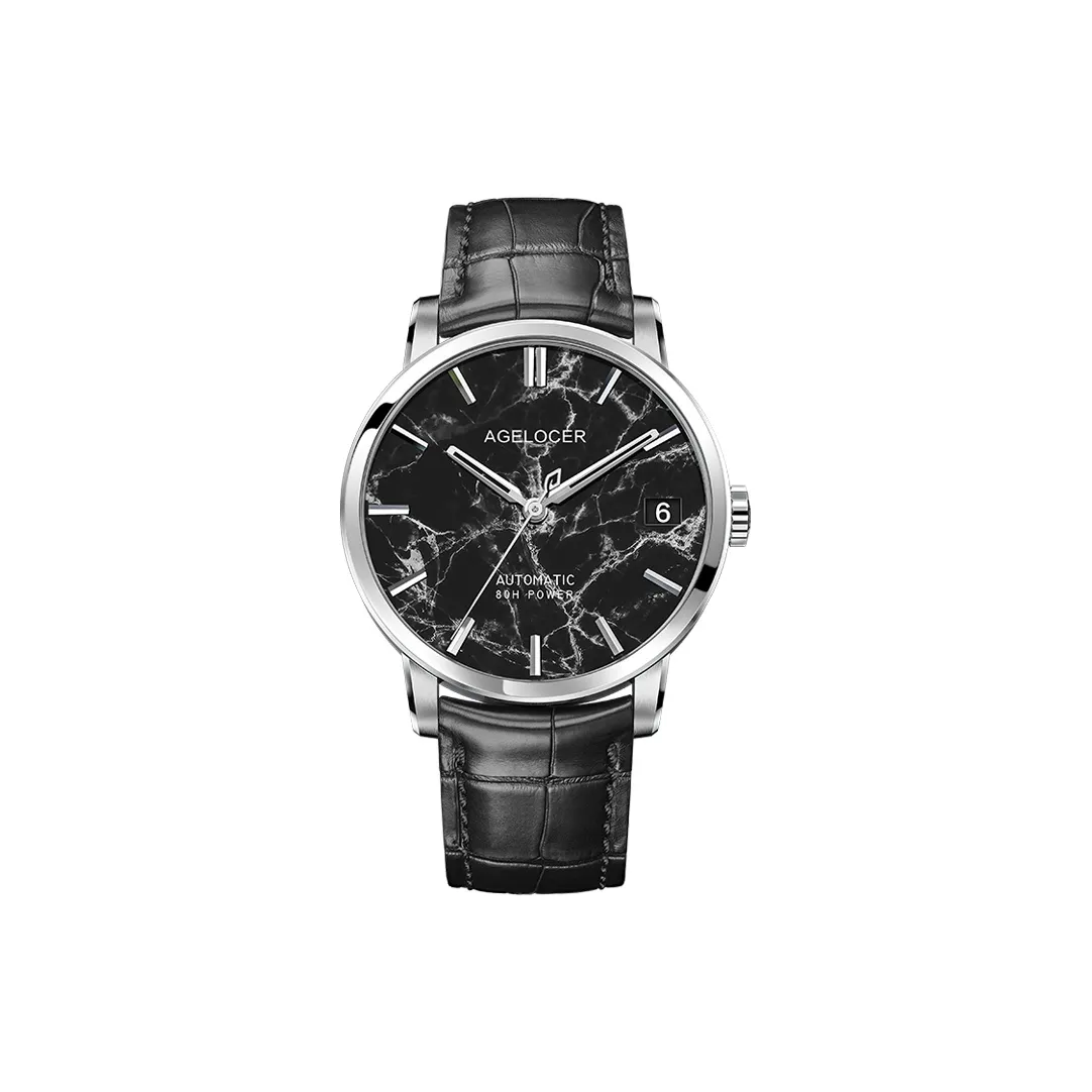 AGELOCER Автоматический Механический Механизм Естественная Кожа Ремешок Часы Мужские Черный Циферблат