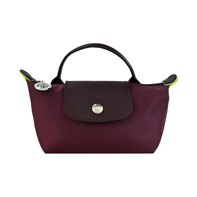 LONGCHAMP Le Pliage Green Переработанный холст с кожей Сумка-пельмени Сумка Маленькая Женская Темно-красный и Коричневый