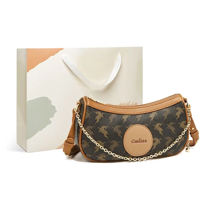 15 MINS PVC Advanced Moon Phase Bag Fashion Shoulder Bag Versatile Crossbody Bag Women's Coffee/Ecru