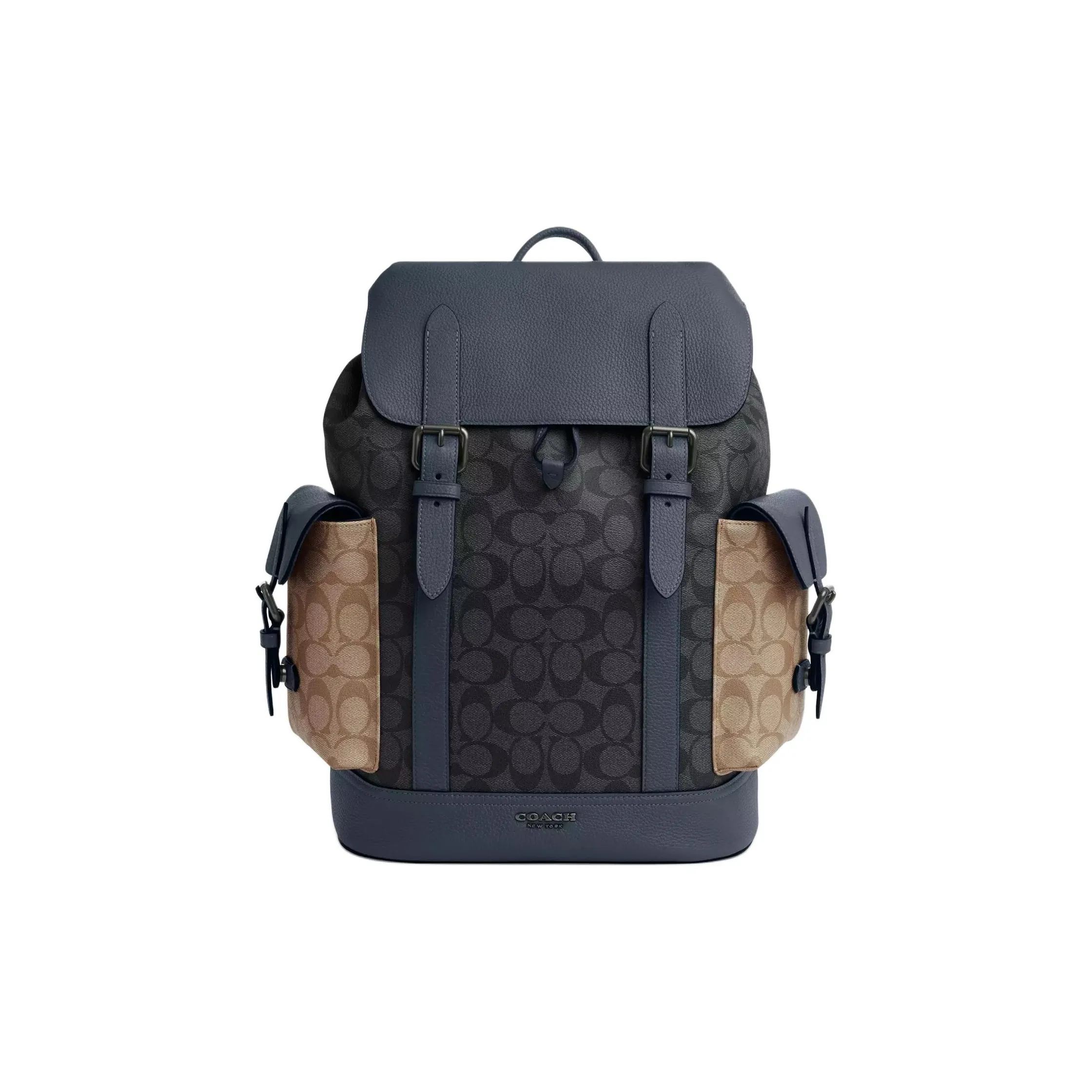 COACH Hudson Signature Coated Canvas With Leather Backpack Large Size Men's Charcoal Gray & Khaki & Denim
