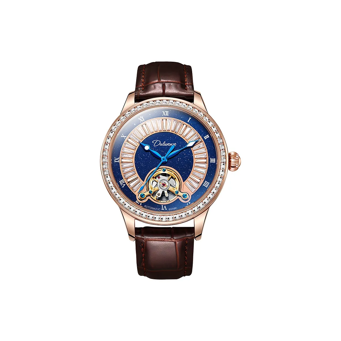 Dulunwe Автоматический Механический Механизм Естественная Кожа Ремешок Часы Мужские Часы Синий Циферблат