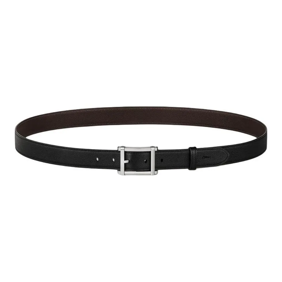 CARTIER Double Sided Design Cow Leather, Palladium Plated Leather Belts Men's Black Width 3CM