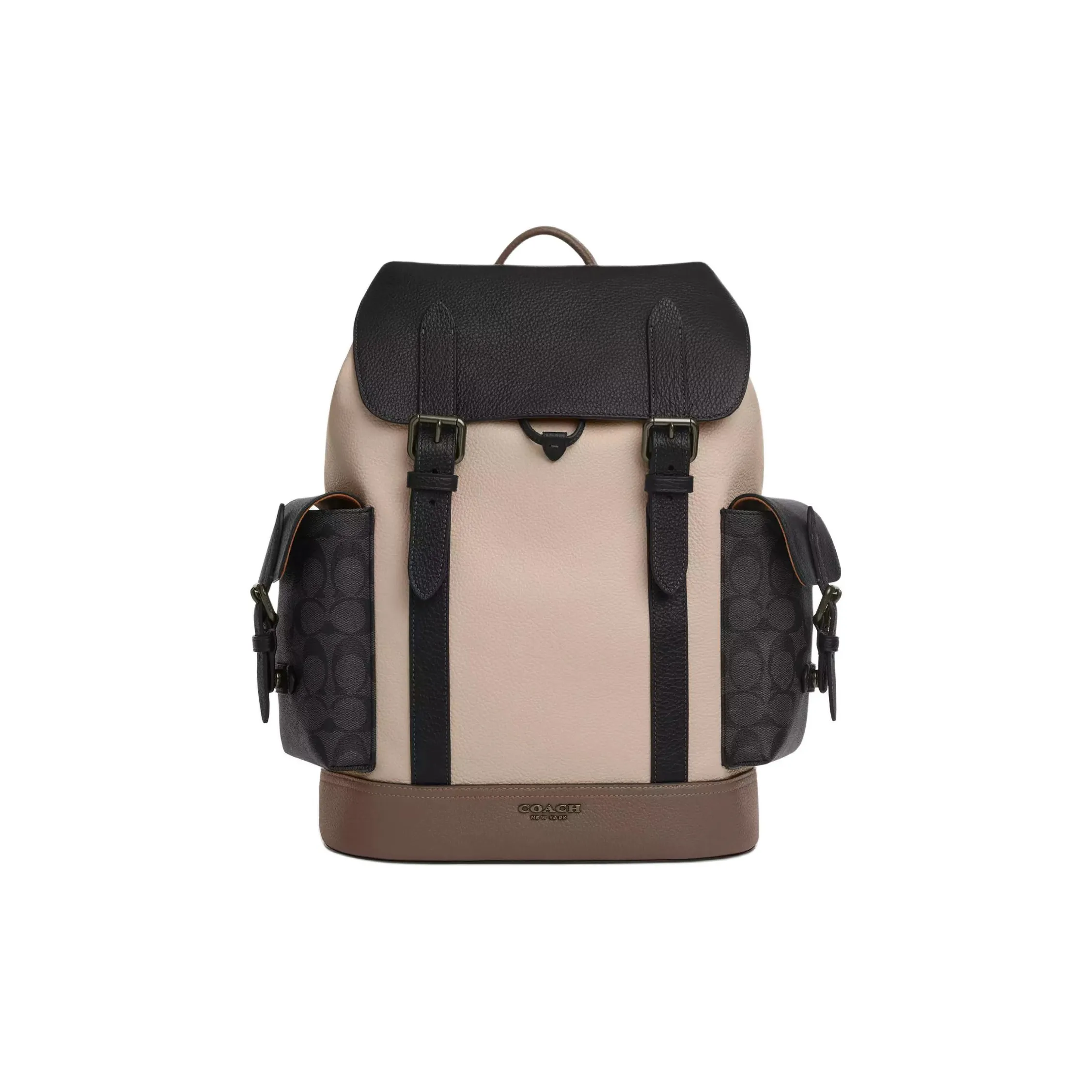 COACH Hudson Elegant Pebbled Leather With Signature Coated Canvas Backpack Large Size Men's Charcoal Gray