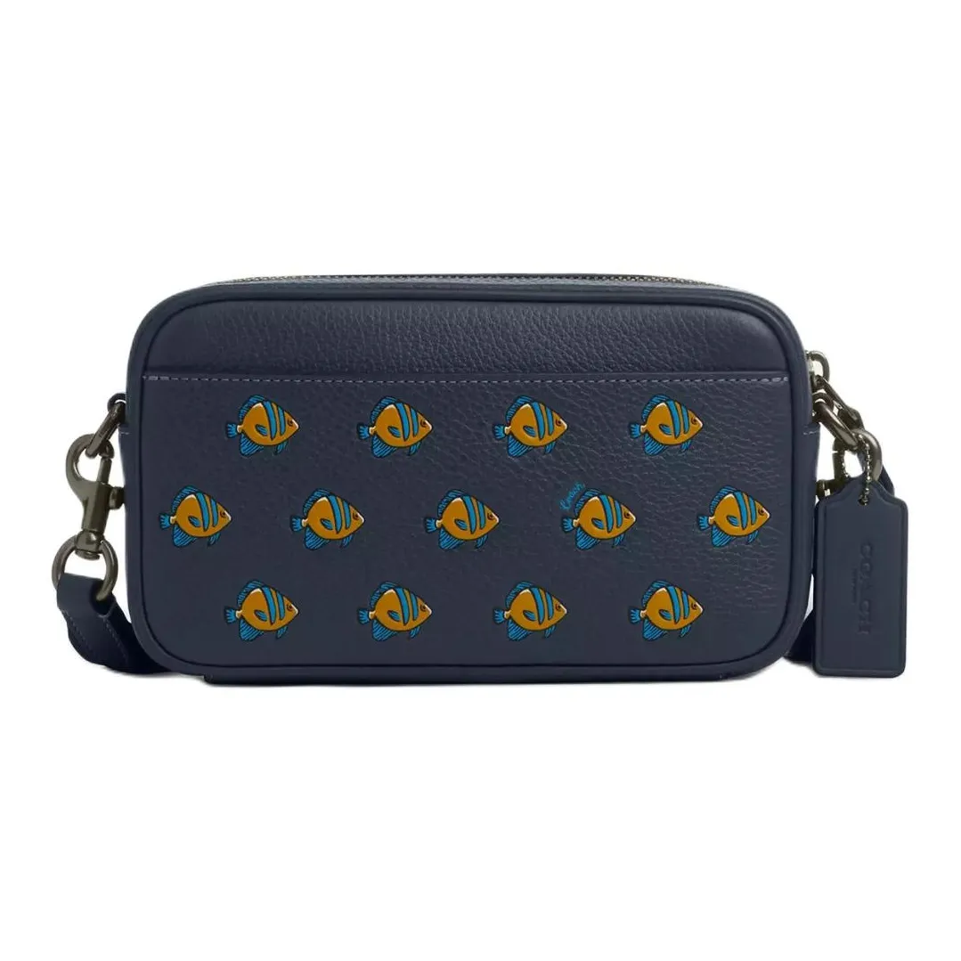 COACH Refined Pebbled Leather With Smooth Calfskin Shoulder Bag, Crossbody Bag Small Size Men's Bronze Denim Multicolor