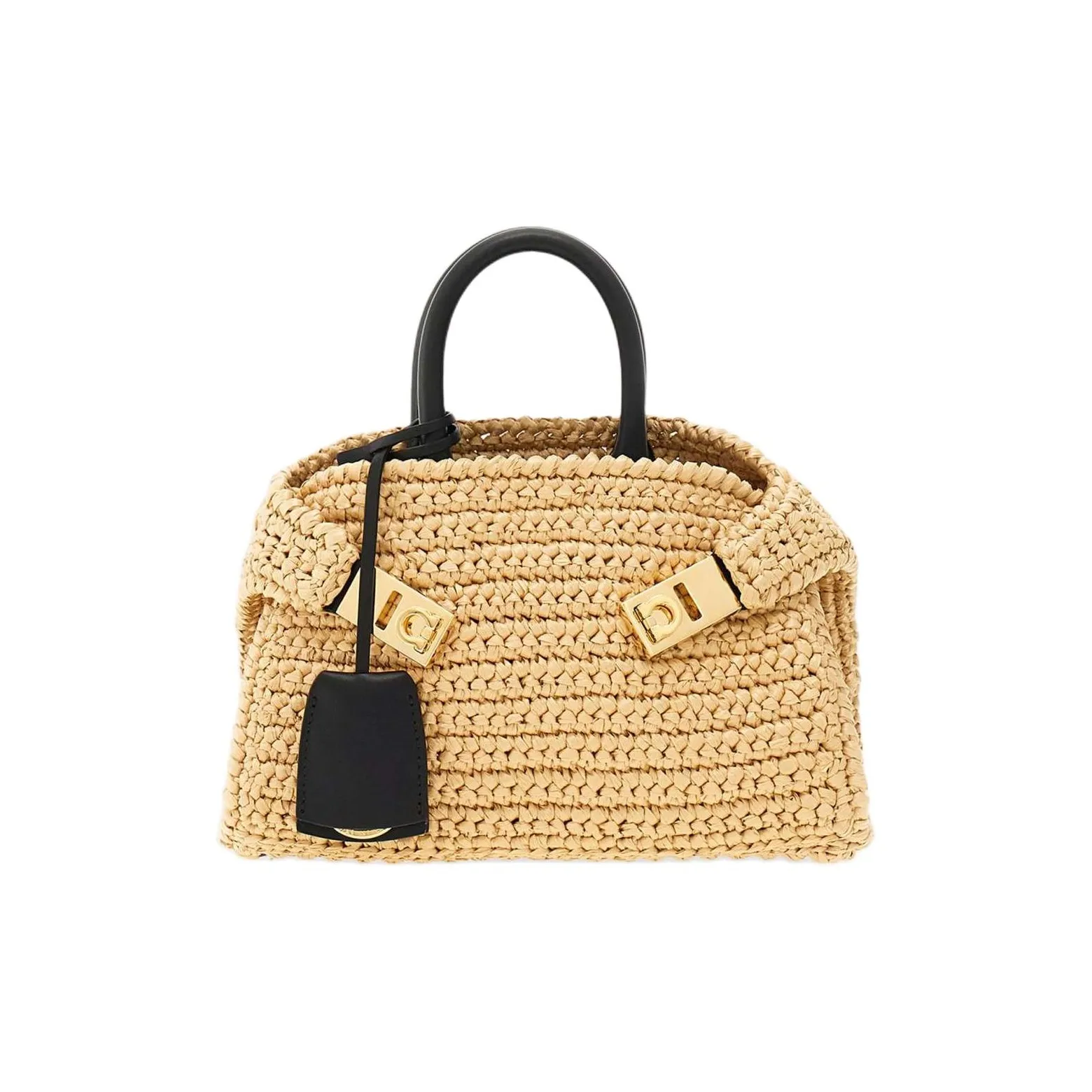 FERRAGAMO Raffia With Calfskin Handbag Mini Women's Natural & Black