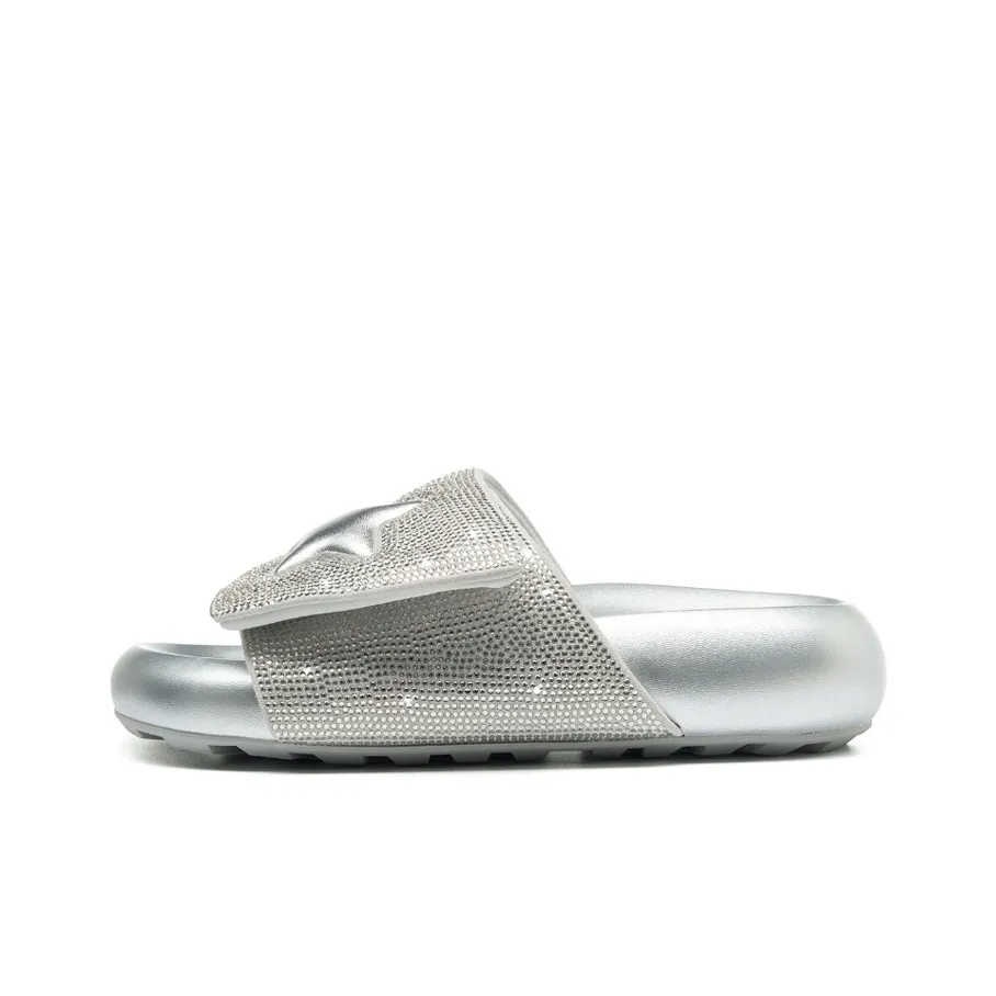 LIANGHUO Rubber Sole Rhinestone Slip Resistant Abrasion Resistant Slide Slippers Women's Silver
