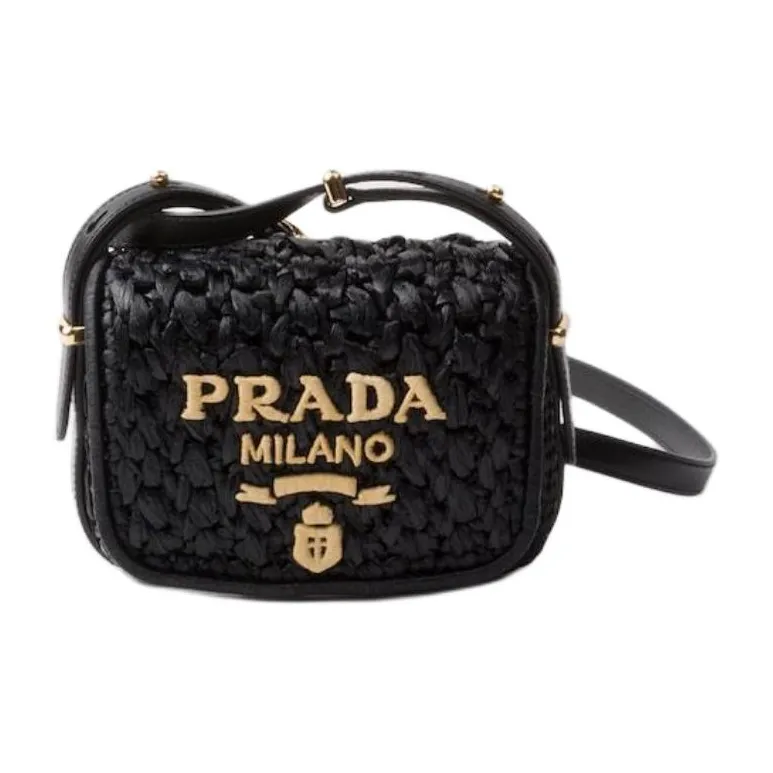 PRADA Raffia With Leather Shoulder Bag, Crossbody Bag Women's Black