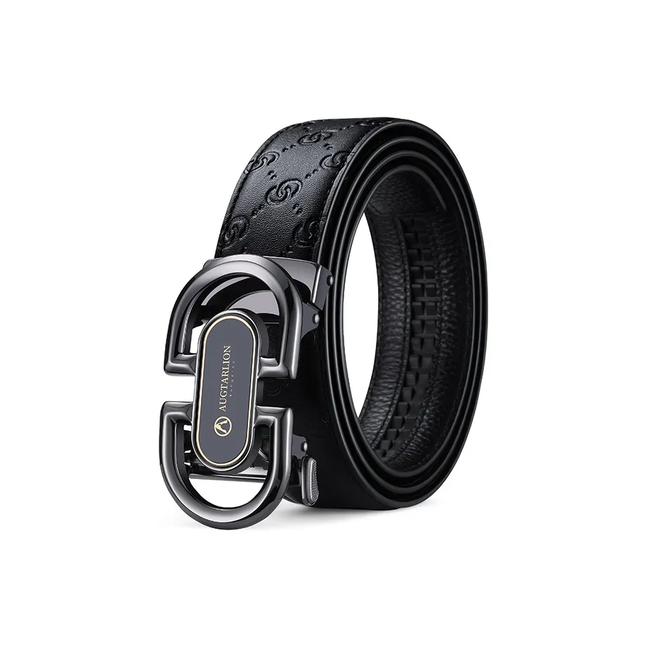 AUGTARLION Business Casual Automatic Buckle Pant Belt Cow Leather Leather Belts Men's Gunmetal/Silver Width 3.5cm