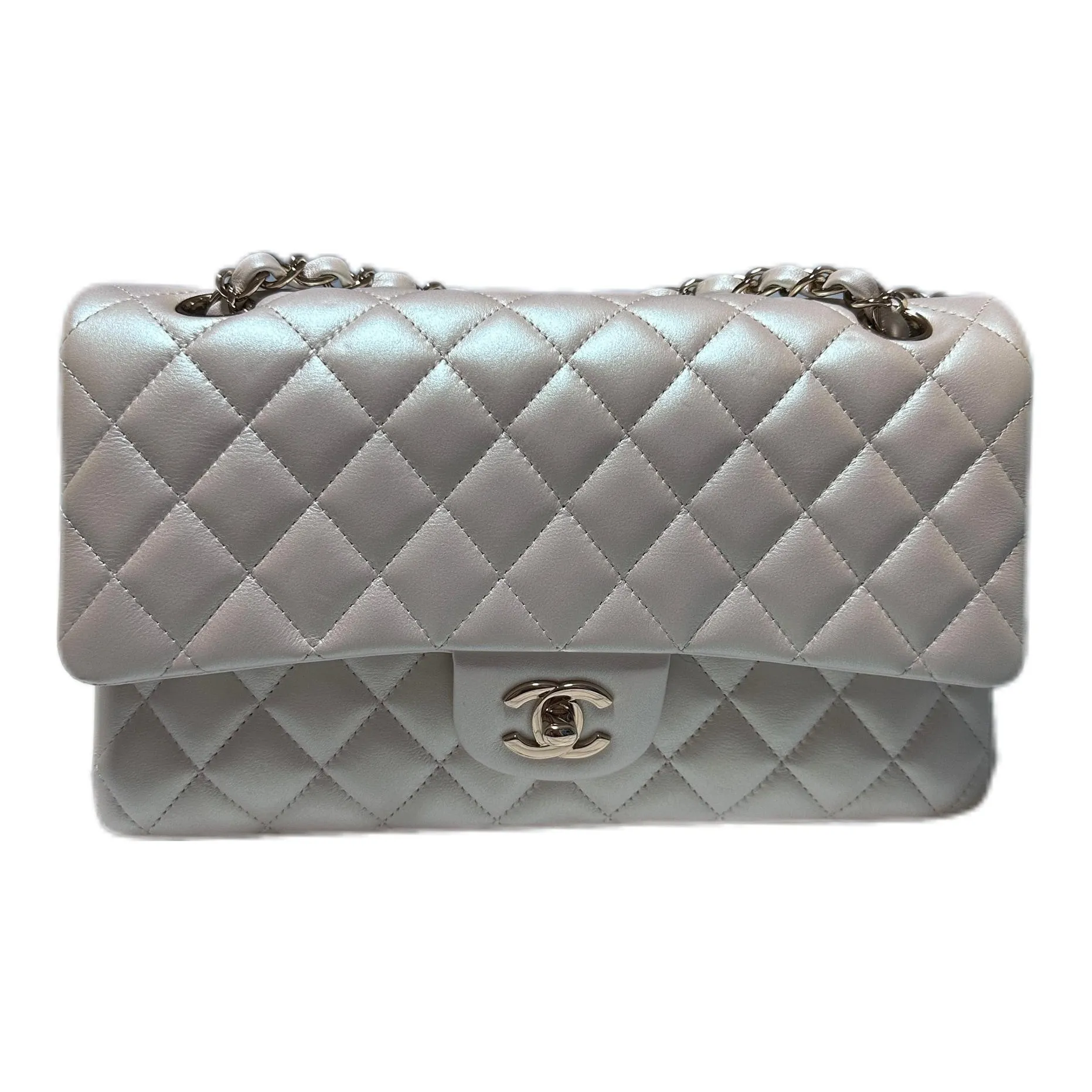 CHANEL Classic Flap CF Iridescent Calfskin Crossbody Bag, Shoulder Bag Medium Size Women's White
