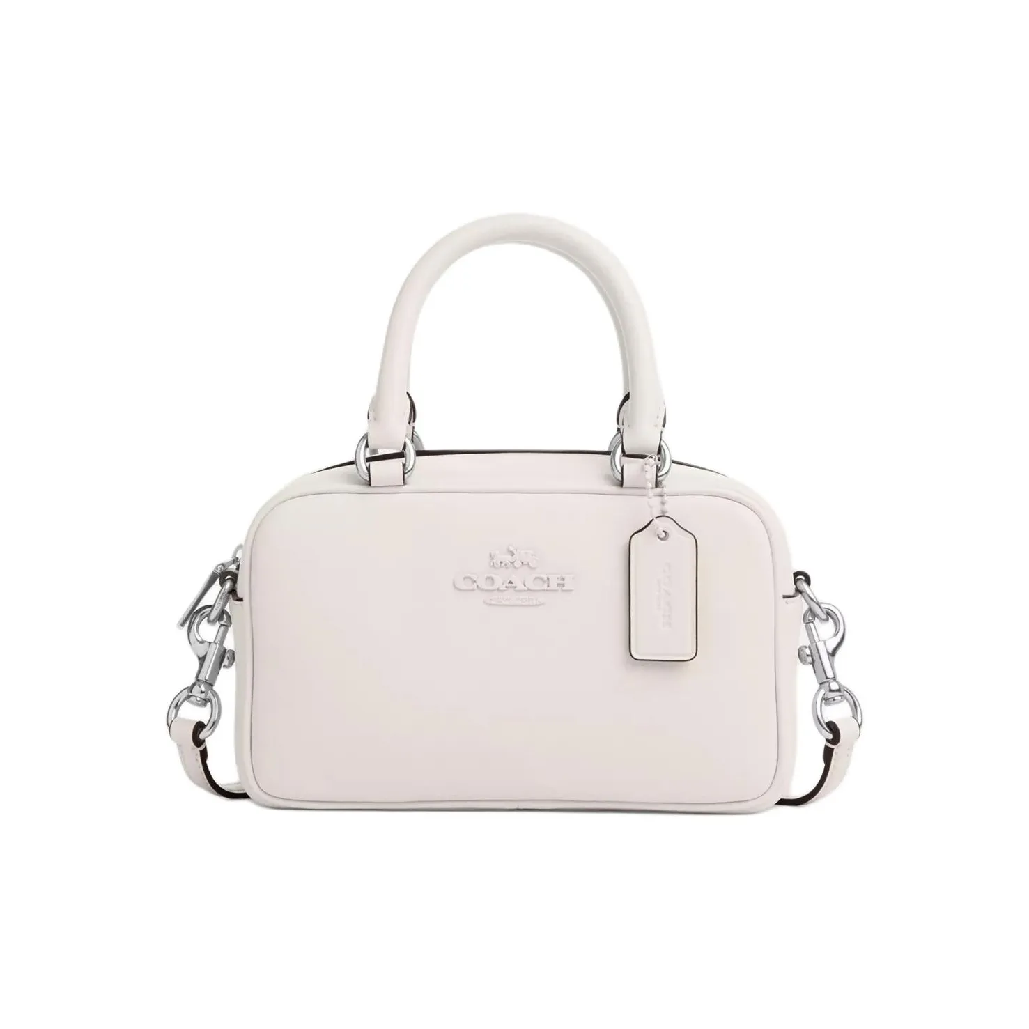 COACH SATCHEL Smooth Leather Bowling Bag, Shoulder Bag, Crossbody Bag, Handbag Mini Women's Silver & White