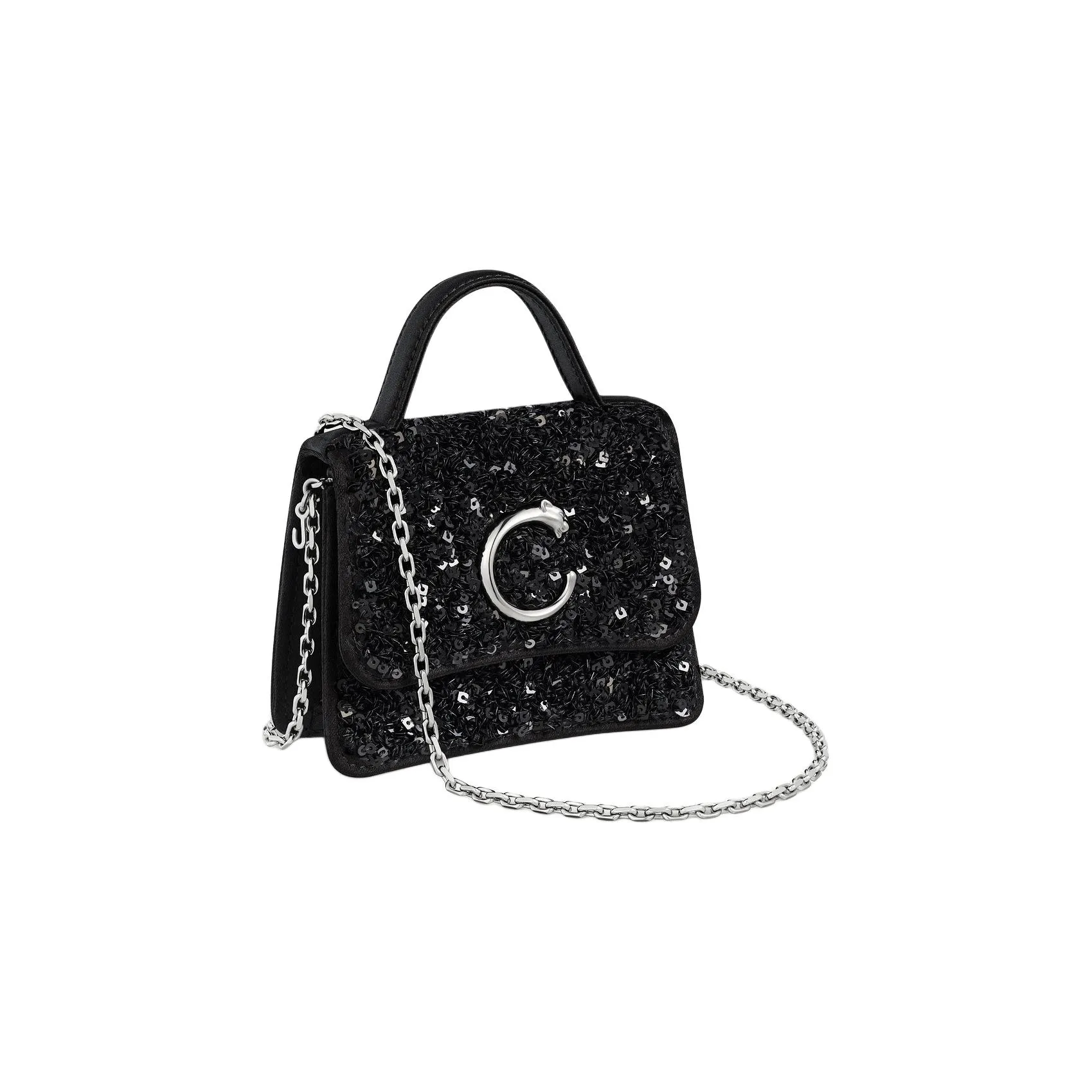CARTIER Panthère De Cartier Sequins Shoulder Bag Crossbody Bag Handbag Mini Women's Black