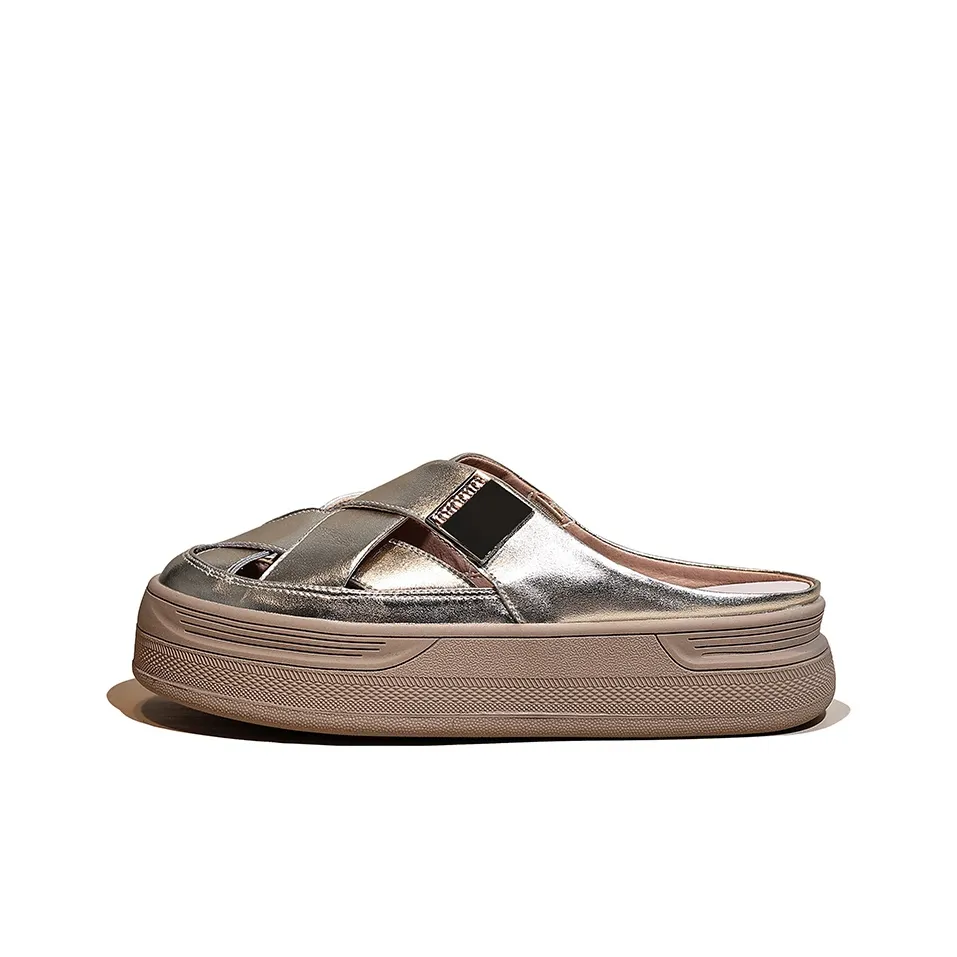 Junjali Rubber Sole Stitching Leather Patchwork Slip Resistant Abrasion Resistant Closed Toe Slippers Women's