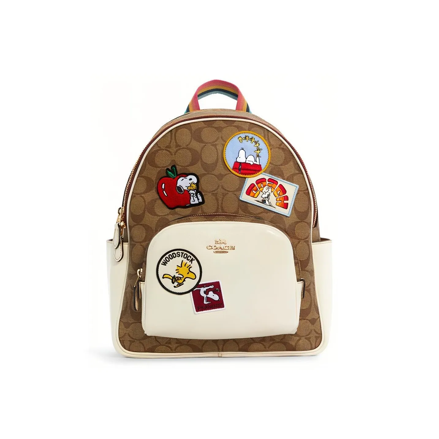 COACH Snoopy Collaboration Court Artificial Leather Backpack Large Size Women's Khaki Monogram & White