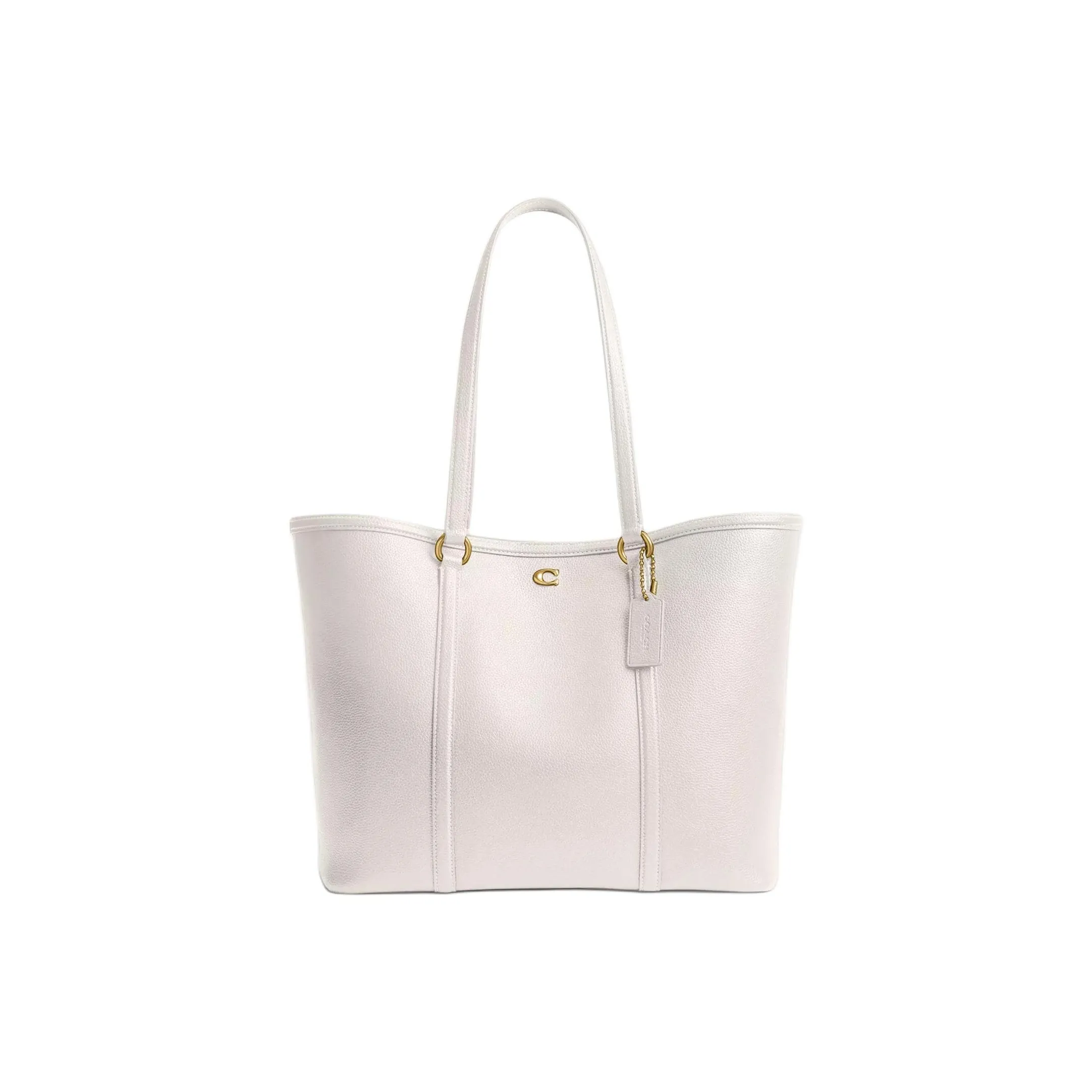 COACH Polished Pebble Leather Tote Bag, Shopping Bag, One Shoulder Handbag Tubas Women's Brass & White