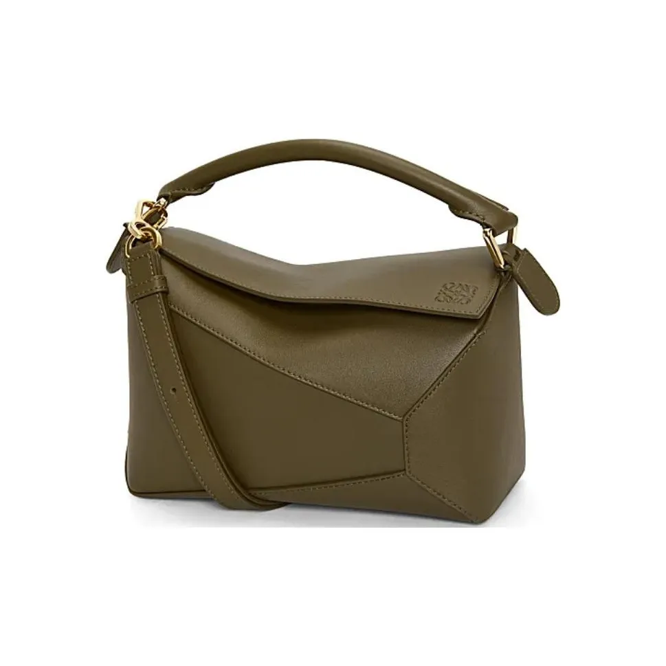 LOEWE Puzzle Cow Leather Handbag, Shoulder Bag, Crossbody Bag Trumpets Women's Brown Green